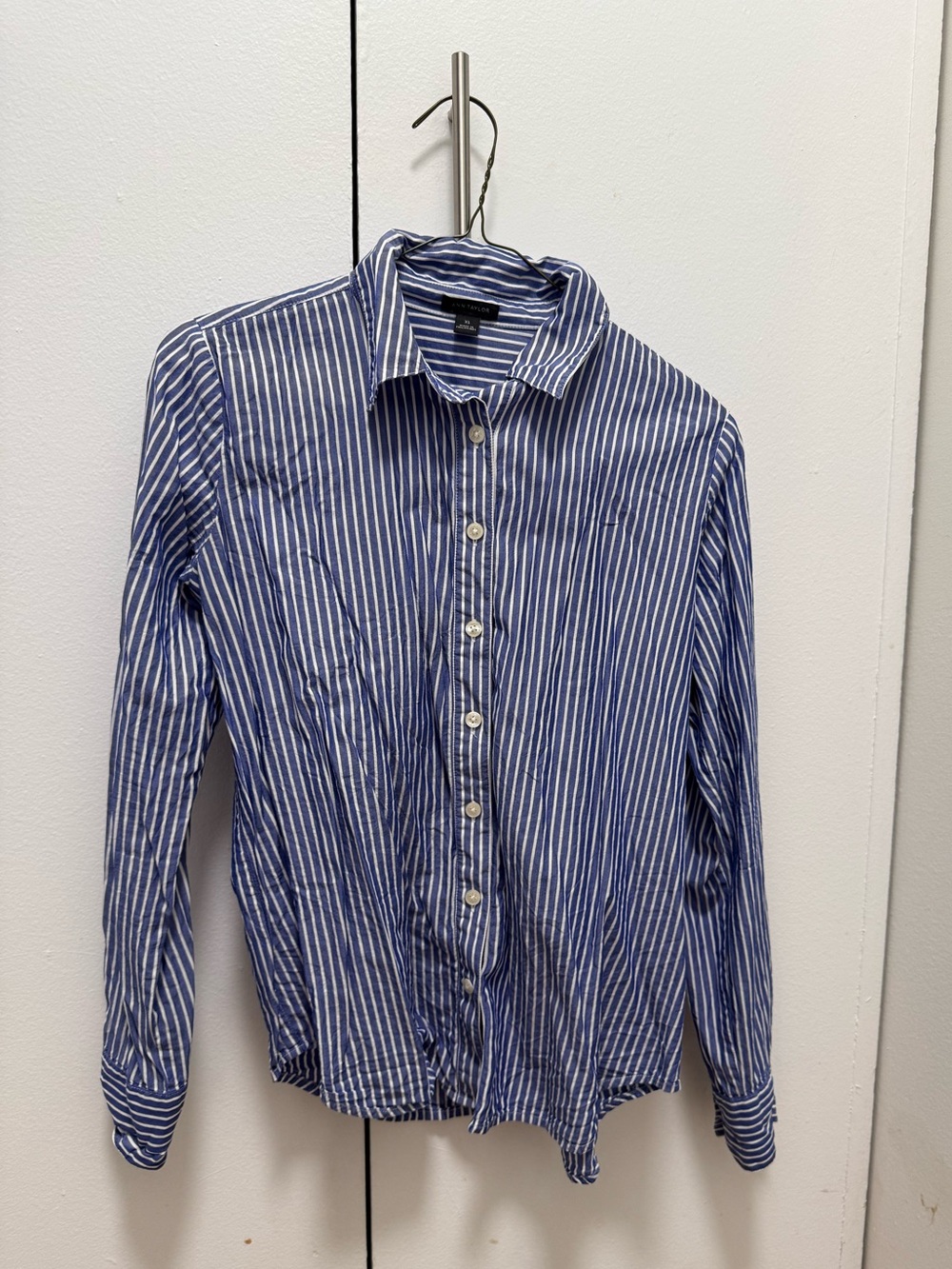 Ann Taylor Blue and White Vertical Stripe Dress Shirt